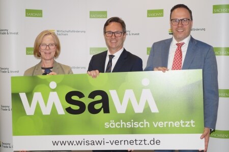 Regina Kraushaar, Thomas Horn und Dirk Panter halten ein Bild mit der Aufschrift "wisawi sächsisch vernetzt, www.wisawi-vernetzt.de"