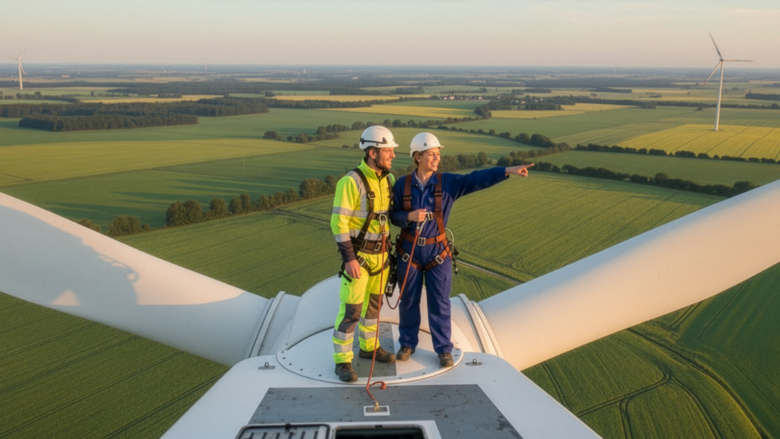 Eine Frau und ein Mann in Arbeitskleidung stehen auf einem Windrad.