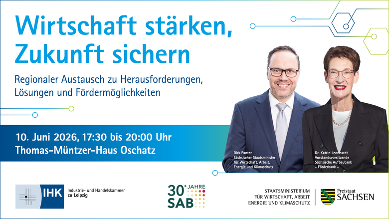 Portraitfoto von Minister Dirk Panter und Dr. Katrin Leonhardt sowie Schriftzug Wirtschaft stärken, Zukunft sichern; Regionaler Austausch zu Herausforderungen, Lösungen und Fördermöglichkeiten; 10. Juni 2026, 17:30 bis 20:00 Uhr; Thomas-Müntzer-Haus Oscha